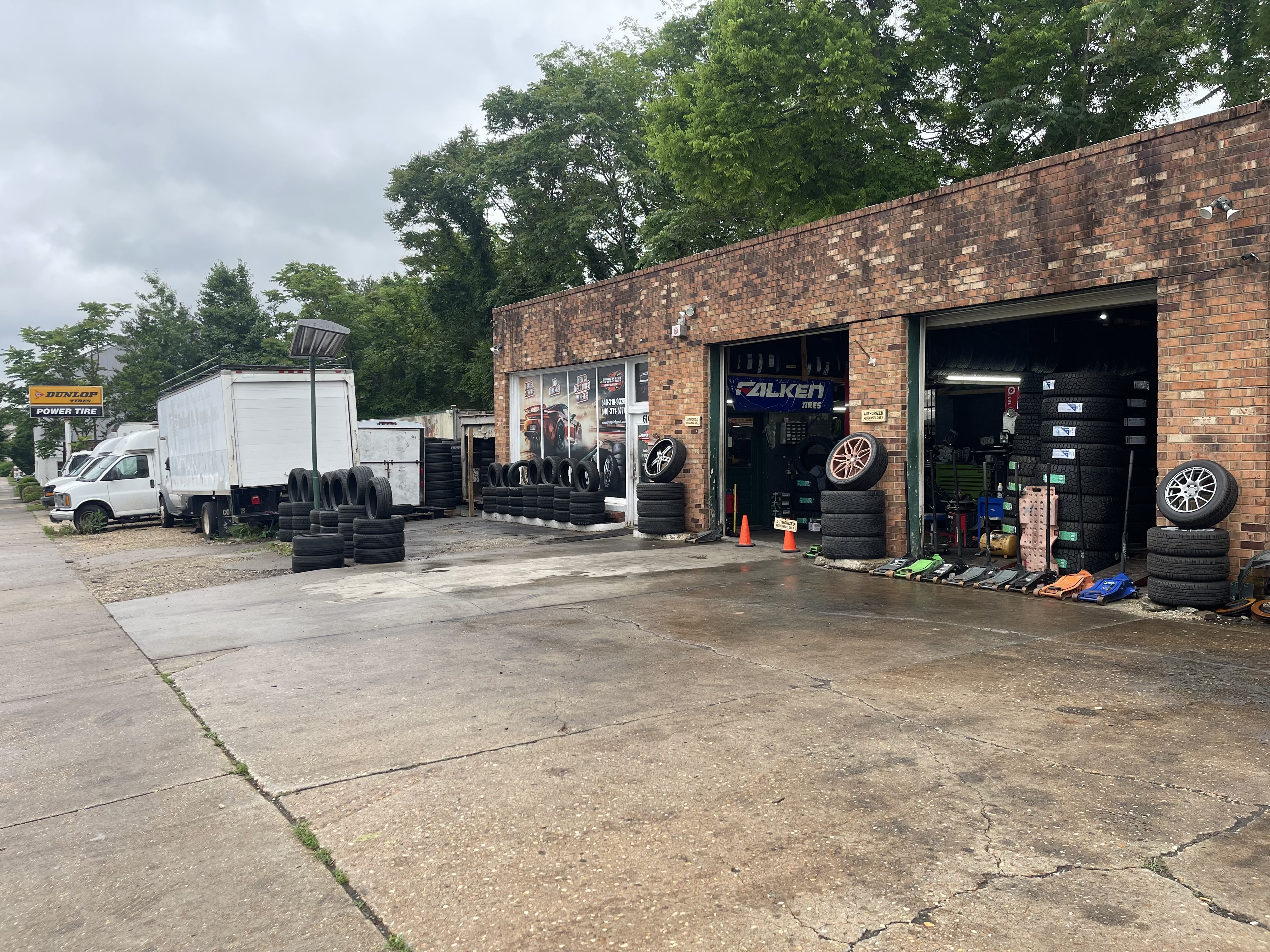Power Tire shop exterior and open service bays